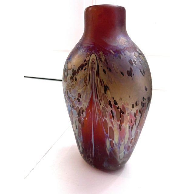 1980s Modern Art Blown Glass Iridescent Purple and Gold Large Vase For Sale - Image 9 of 12