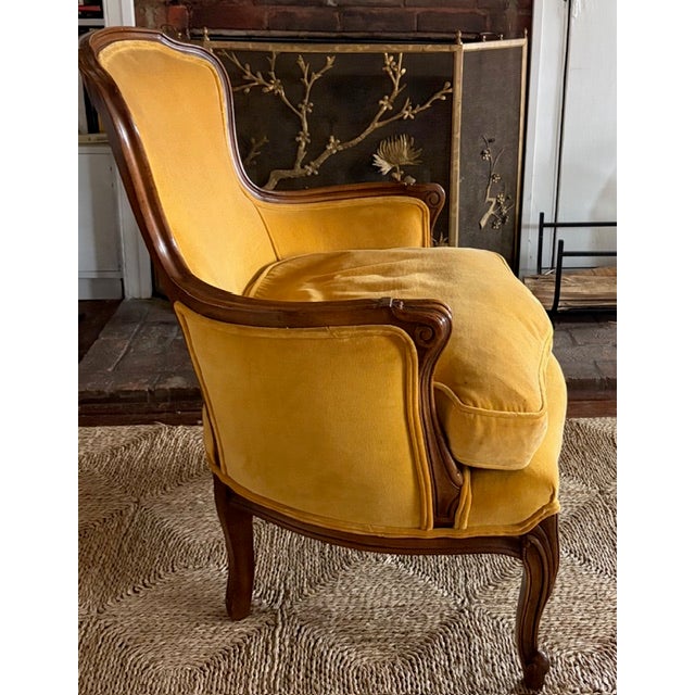 French Louis XV Bergere Chair Is Yellow Velvet and Down Seat, Signed For Sale - Image 4 of 15