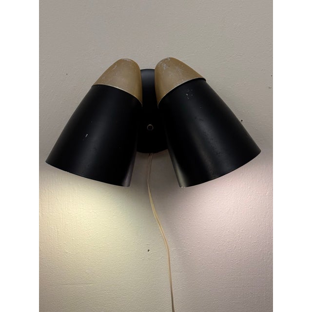 Mid-Century Modern Vintage Mid Century Modern Black and Gold Metal Double Cone Shade Plug-in Wall Sconce For Sale - Image 3 of 12