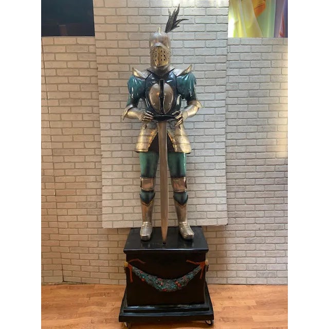 Vintage Life-Size Medieval Bronze Knight Statues on Rolling Mounted Bases – Pair For Sale - Image 4 of 6