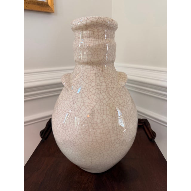 Late 20th Century Large Ivory Crackle Glaze Ceramic Floor Vase For Sale - Image 5 of 8