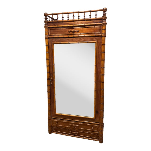 19th C Faux Bamboo Mirrored Armoire Wardrobe Cabinet For Sale