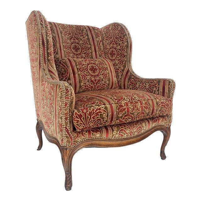 Red Gold Brass Tacks Upholstery Carved Mahogany Base Legs Large Wing Chair For Sale