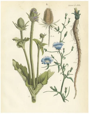 Carl Georg Calwer, Botanical Illustration of Teasel and Chicory, Calwer, 1854, Hand-Colored Lithograph