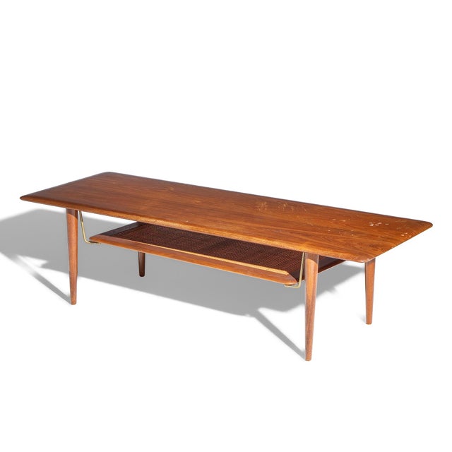 Peter Hvidt and Orla Mølgaard Nielsen for France and Son Fd 516 Mid Century Teak Cane and Brass Coffee Table For Sale In Chicago - Image 6 of 8