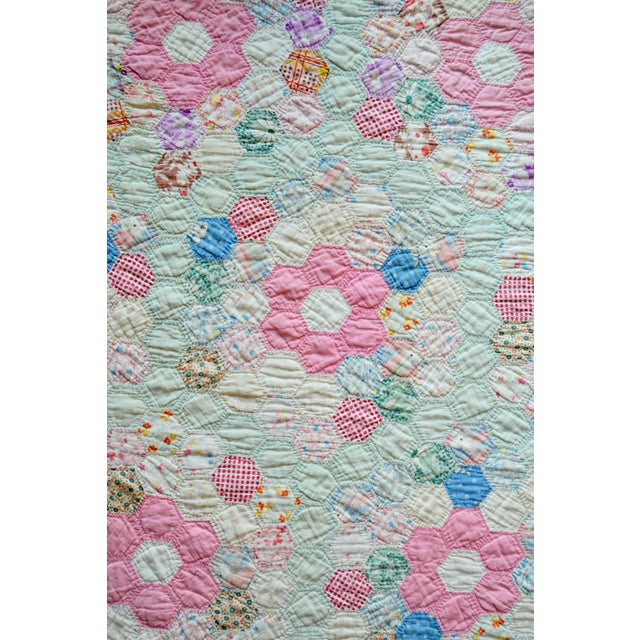 Light Green Early 20th Century Grandmother’s Flower Garden Quilt For Sale - Image 8 of 13