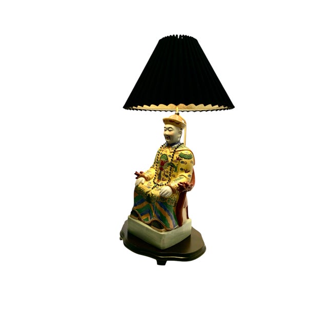 Late 20th Century Lamp Sitting Emperor Large Porcelain Oriental Figurine With Shade on Wooden Base For Sale In Tulsa - Image 6 of 8