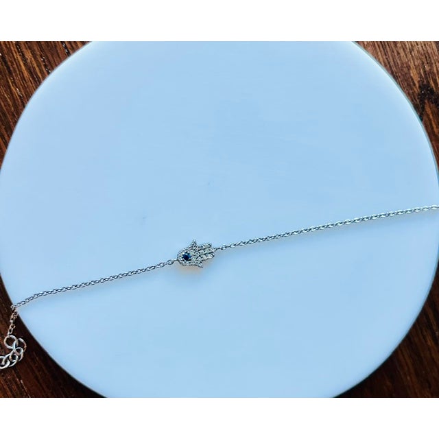 Curated Diamond Bracelet Stack – Rhodium Plated Sterling Silver Pavé Diamond Hamsa, Diamond Bar & Three-Station Bracelet Set - Brand New, Never Worn For Sale - Image 4 of 5