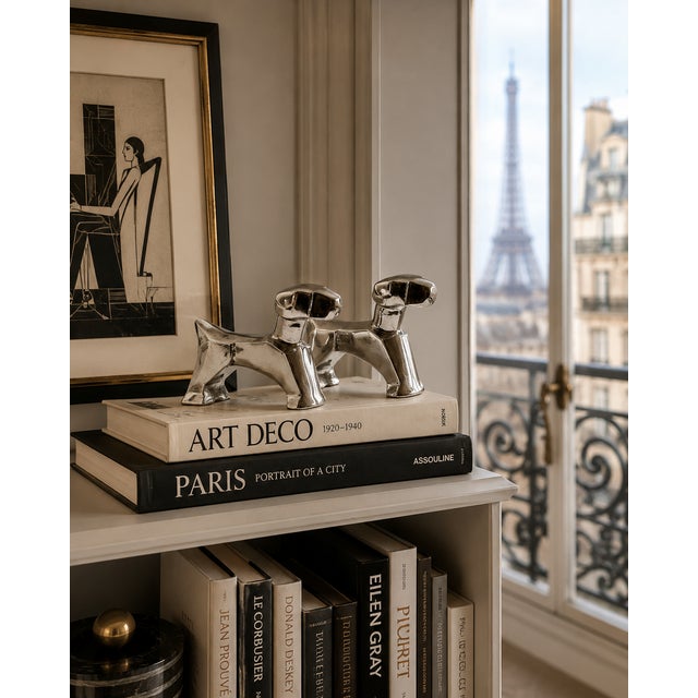 Late 20th Century Pair of Art Deco Style Chrome Finish Dog Sculptures in the Manner of E. Nokolsky For Sale - Image 14 of 14