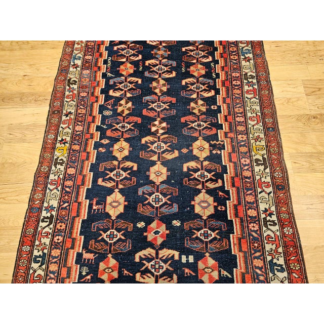 Vintage Persian Malayer Runner Rug, Hand-Knotted Wool, Geometric Pattern, 4x9, Navy & Red For Sale In Chicago - Image 6 of 12