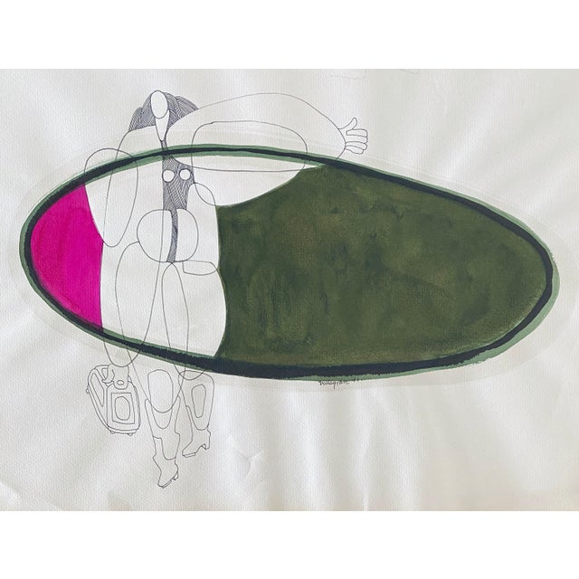 Surrealism Armando Villagran, Surrealist Latin American Mixed Media Watercolor & Ink - Woman Holding Purse, 1971 For Sale - Image 3 of 8