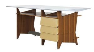 Modernist Italian Desk with Three Drawers, Book Storage and Light Blue Formica Table Plate, 1960s