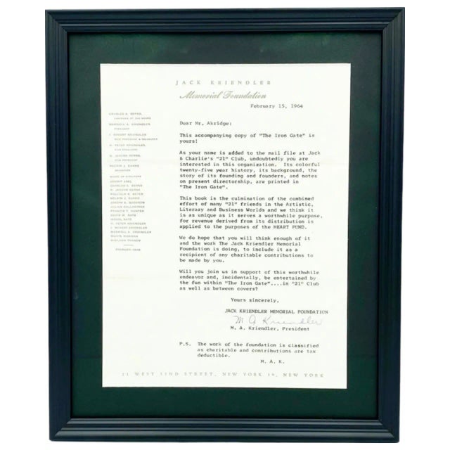 The 21 Club Nyc Restaurant Jack & Charlie's Iron Gate Book & Framed Letter For Sale - Image 10 of 12