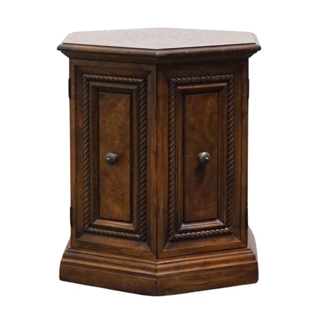 Wood Hekman Furniture Bookmatched Walnut Italian Provincial 20" Hexagonal Storage Accent End Table 1205 For Sale - Image 7 of 11