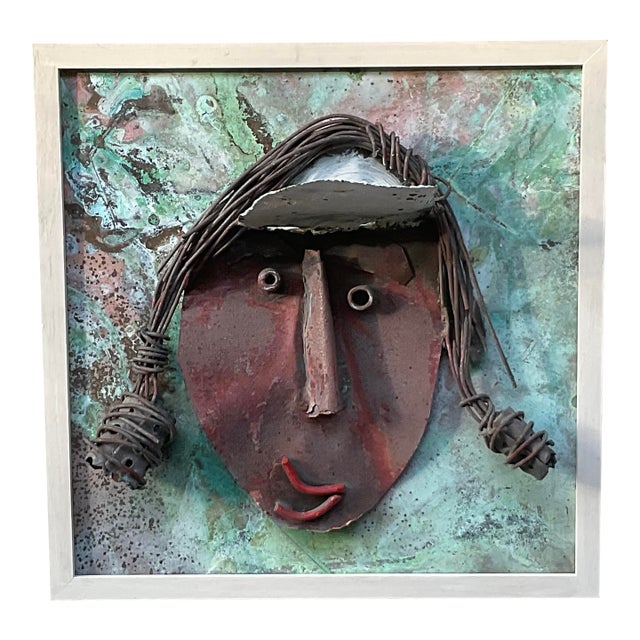 Funky Mixed Media Metal Face Sculpture Copper & Brass Brutalist Wall Art For Sale