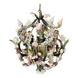 1950s Lovely Floral Tole and Sea Shell Candle Pendant Lamp