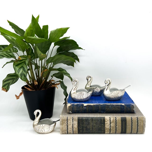 Charming set of four vintage silver-plated swan salt cellars, each beautifully detailed with textured feathers and...