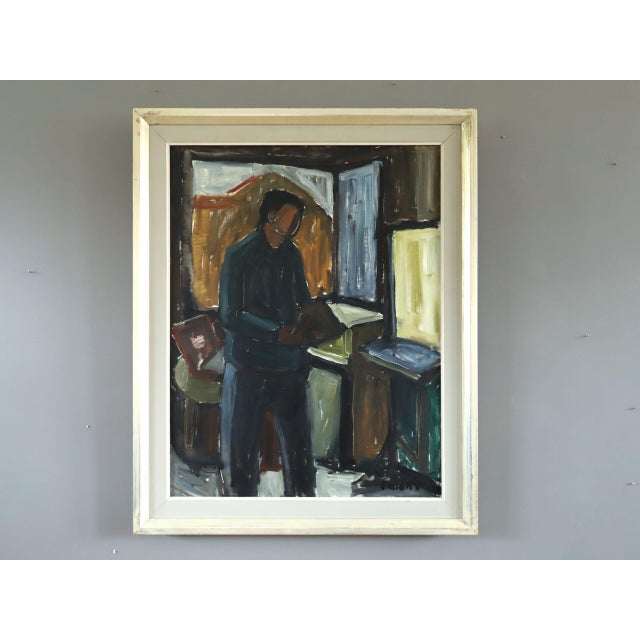 A MOMENT TO READ Size: 29.1 x 23.4 inches (including frame) Oil on canvas A contemplative mid-century interior scene that...