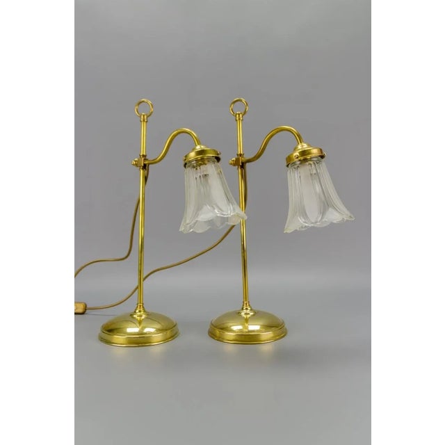 Vintage Brass & Frosted Glass Table Lamps, Set of 2 For Sale - Image 3 of 15