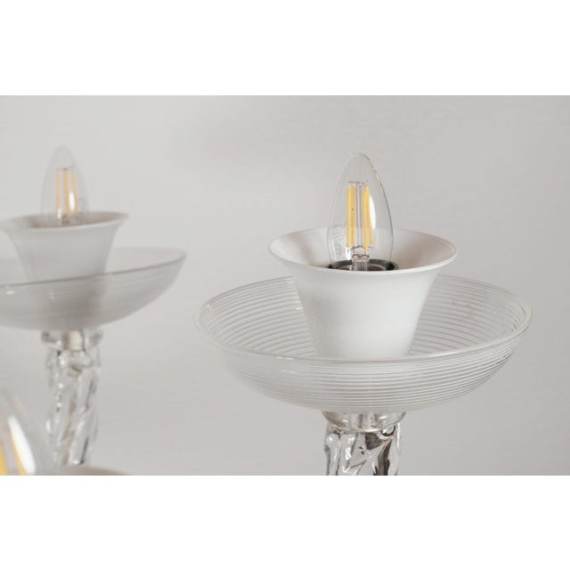 Modern Vintage 6 Arm Murano Style Clear & White Latticino Glass Chandelier For Sale - Image 3 of 8