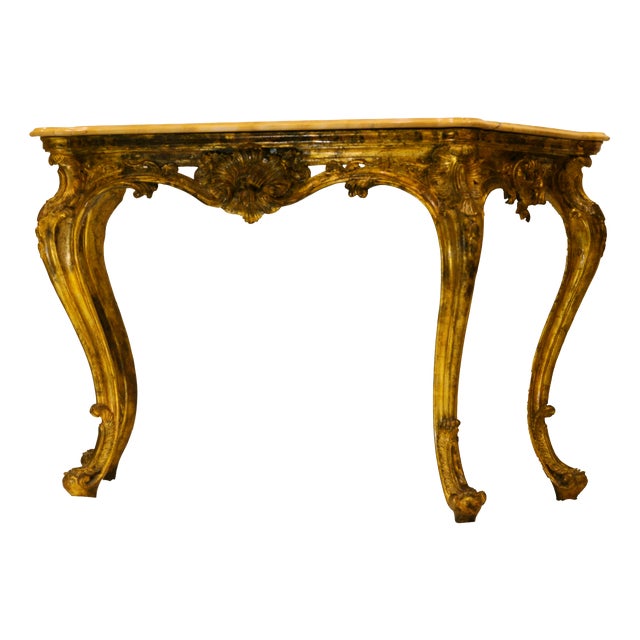 Antique Louis XIV Italian Console Table with Carved Gilded Wood and Yellow Siena Marble, 18th Century For Sale