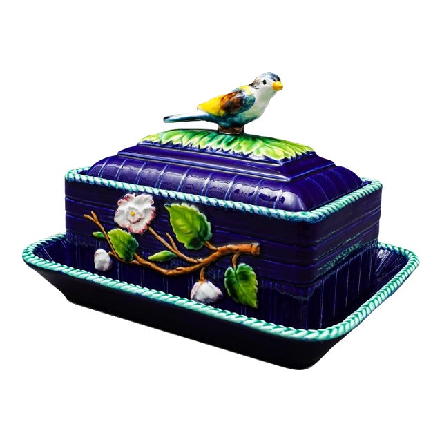 Mid 20th Century Mottahedeh Italy Majolica Cobalt Floral Bird Finial Covered Dish With Tray For Sale