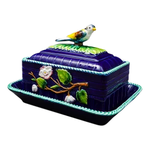 Mid 20th Century Mottahedeh Italy Majolica Cobalt Floral Bird Finial Covered Dish With Tray