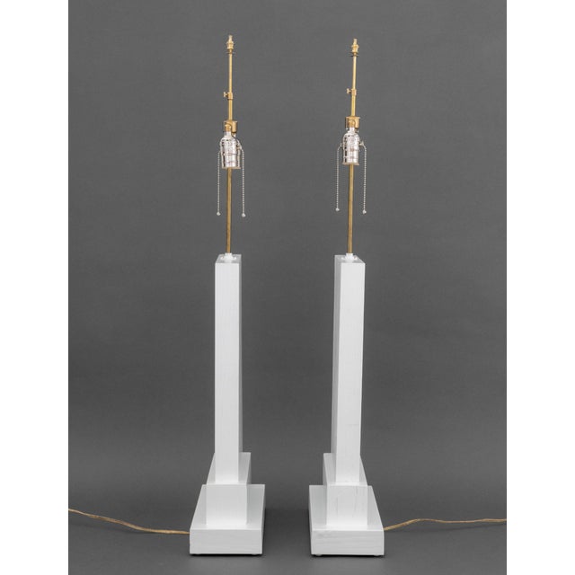 Minimalist White Painted Wood Table Lamps, Pair For Sale In New York - Image 6 of 8