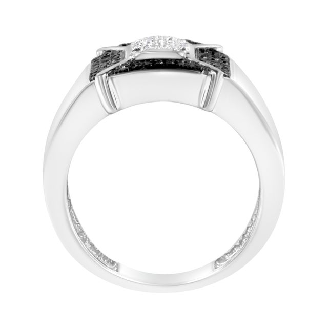Create a debonair look for him with this handsome diamond ring. This bold ring design is crafted in sterling silver and...