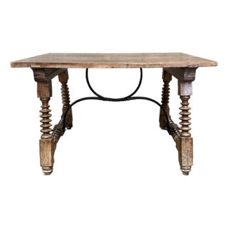 19th Century Spanish Walnut Center Table With Iron Stretcher Support Turned Legs For Sale