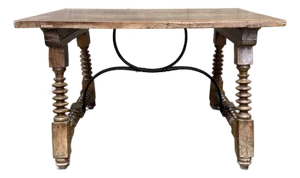 19th Century Spanish Walnut Center Table With Iron Stretcher Support Turned Legs