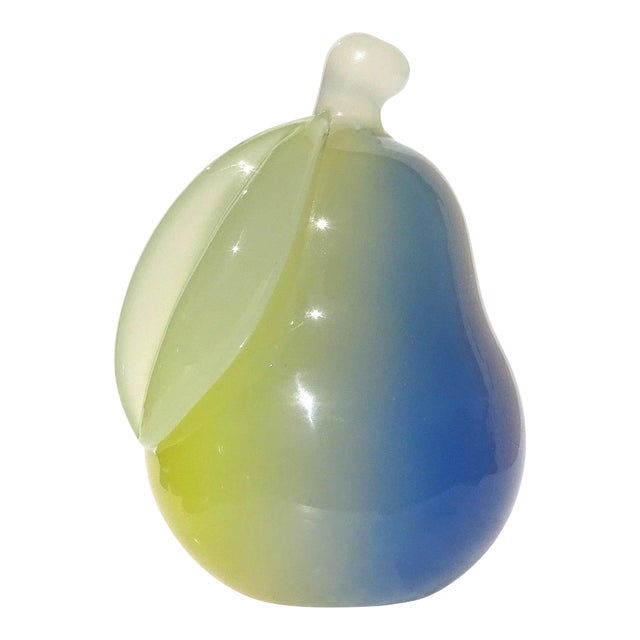 Seguso Murano Opalescent Yellow Blue Italian Art Glass Vintage Pear Paperweight Figure Sculpture For Sale