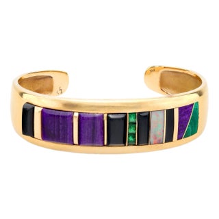 Vintage Emerald Opal Onyx Sugilite 14k Yellow Gold Bangle For Sale