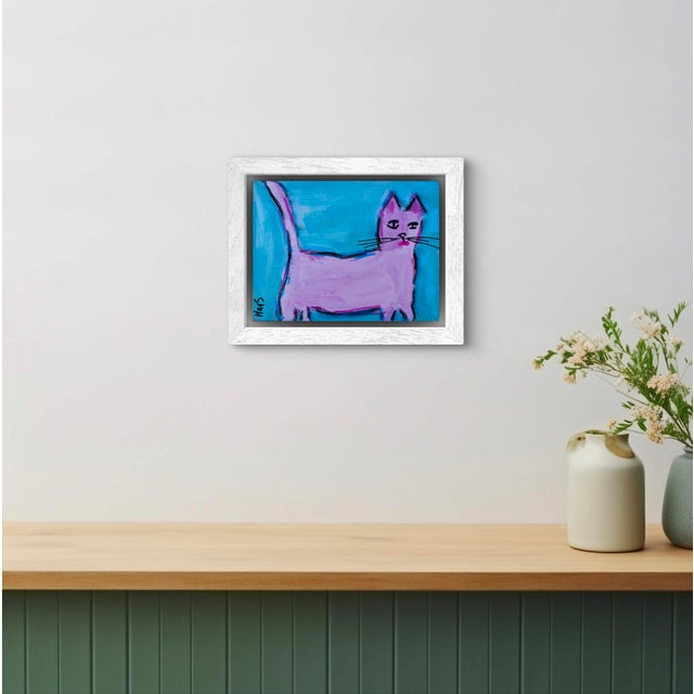 Modern Narratives, Pink Cat, Acrylic Mixed Media Painting For Sale - Image 9 of 9