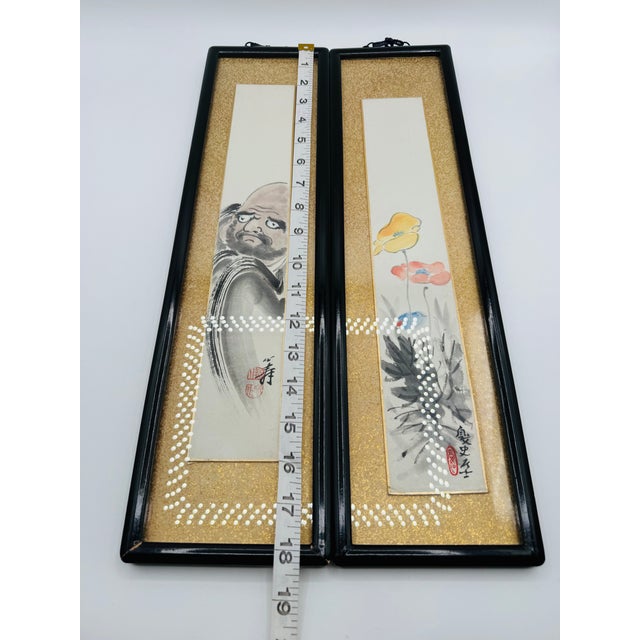 Set of 2 Vintage Japanese Tanzaku Paintings Floral & Drama Zen Art Framed For Sale - Image 15 of 15
