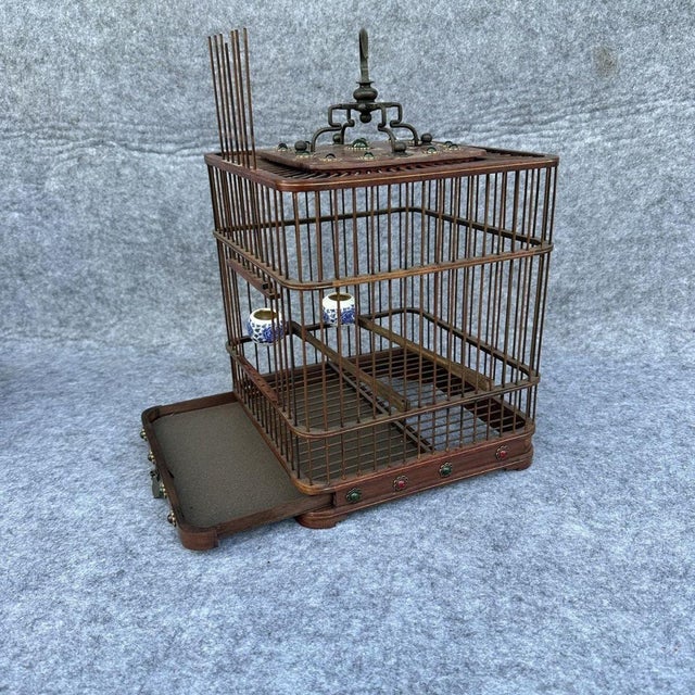 Brown Rosewood Birdcage With Blue & White Porcelain Feeders – Decorative Asian Accent For Sale - Image 8 of 9