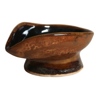 Hand-Thrown Studio Ceramic Bowl With Undulating Rim Earthy Brown and Blue Glaze on Pedestal Foot For Sale