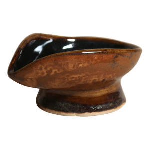 Hand-Thrown Studio Ceramic Bowl With Undulating Rim Earthy Brown and Blue Glaze on Pedestal Foot