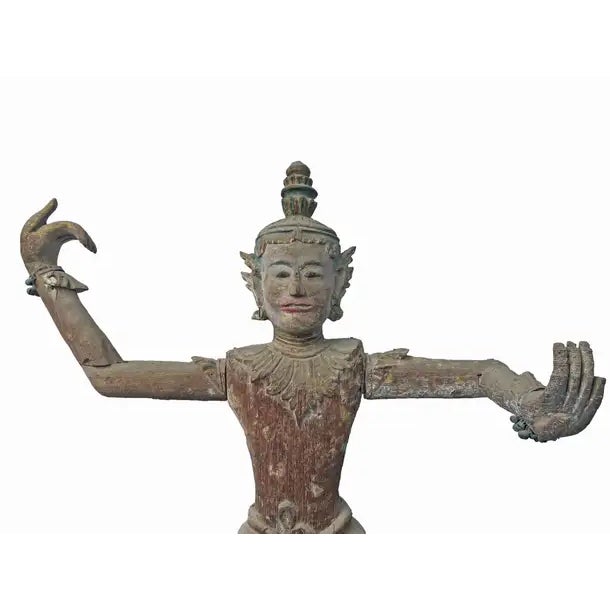 Brown Life-Sized Burmese Wooden Teak Nat Statue Spirit Guardians Pair, Early 20th Century For Sale - Image 8 of 17