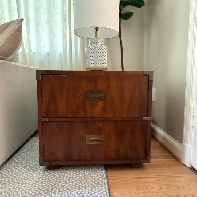 Brown Mid-Century Henredon 2 Drawer Campaign Nightstand/Sidetable —Two Available For Sale - Image 8 of 14