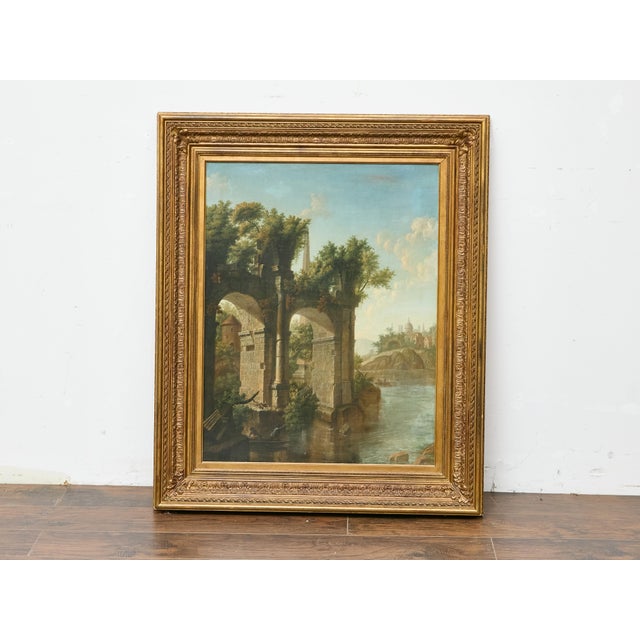 19th Century 19th-Century Italian Oil on Canvas Classical Landscape with Arch Bridge Ruin For Sale - Image 5 of 12