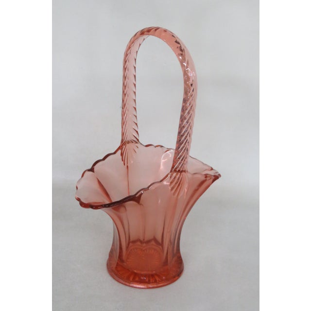 Mid-Century Modern Westmoreland Glass Large Tall Pink Basket Vase With Handle For Sale - Image 3 of 12