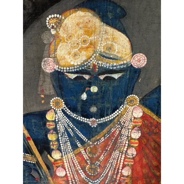Indian Early 20th Century India Pichhavai Shrinathji Pichhwai Krishna Vishnu Painting Antique Indigo Natural Pigments For Sale - Image 3 of 13
