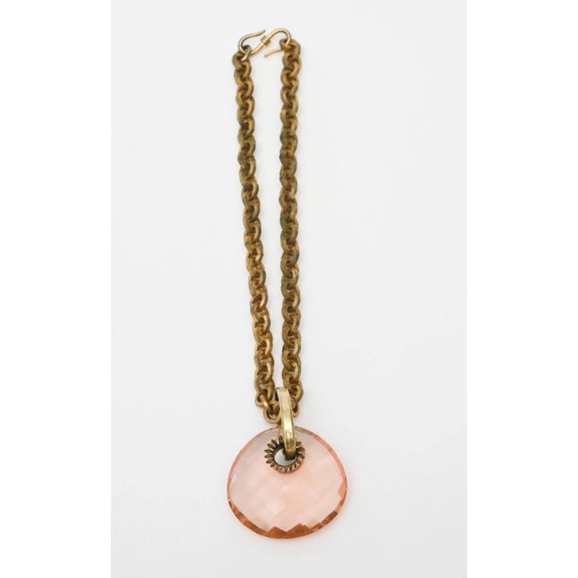 Modern Vintage Italian Brass Chain Link Necklace With Diamond Faceted Glass PInk Pendant, 1980's For Sale - Image 3 of 10