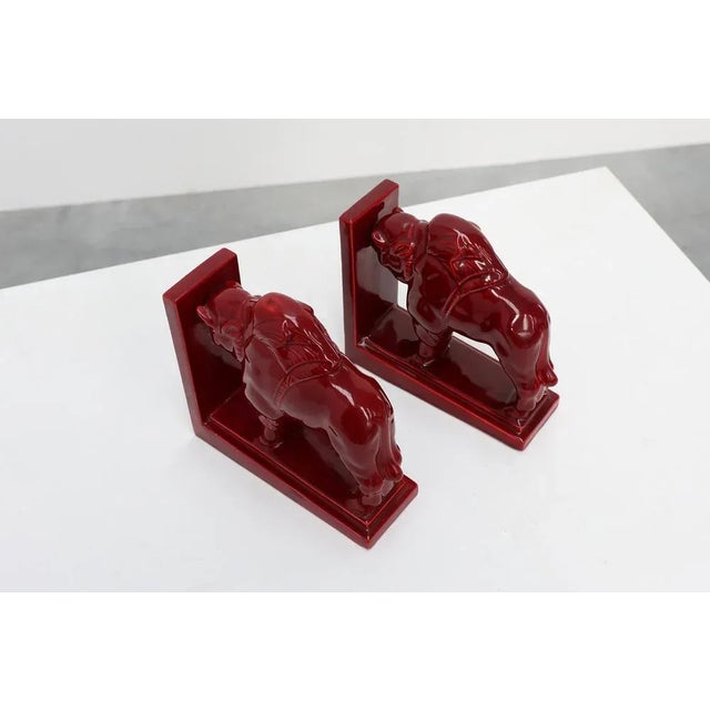Art Deco Red Glazed Ceramic Bison Ox Bookends, Belgium, 1920s, Set of 2 For Sale - Image 12 of 14