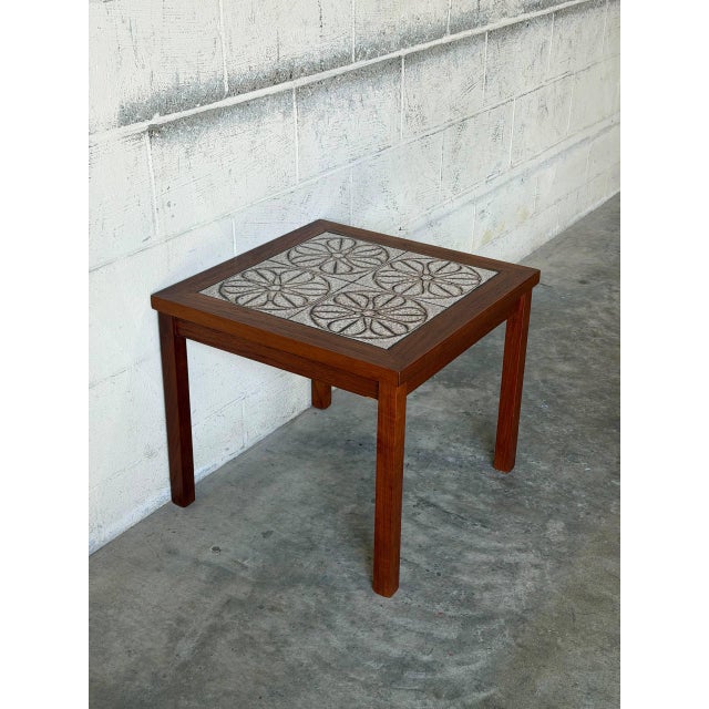 Mid-Century Modern Teak Floral Ceramic Tile Top Side End Table Danish Mid-Century Modern 1970s For Sale - Image 3 of 9