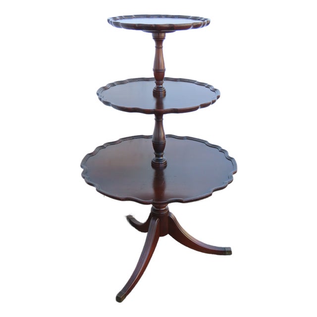 1940s Mahogany 3 Tiers Carved Pie Crust Round Side End Table 6911 For Sale
