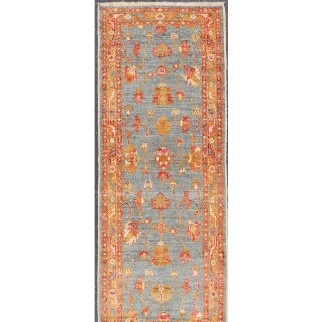 Traditional Turkish Angora Oushak Runner With Denim Blue Field and Rust Motifs For Sale - Image 3 of 13
