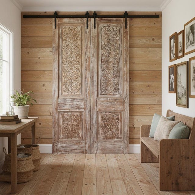 1920s Antique Carved Double Doors With Brass Studs – Hinged or Sliding Barn Door Statement 81x42 For Sale - Image 5 of 5