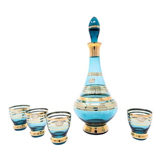 1950s Turquoise Blue Bohemia Crystal Decanter and Glassware With Hand-Painted Gold Rim - 5 Pieces For Sale